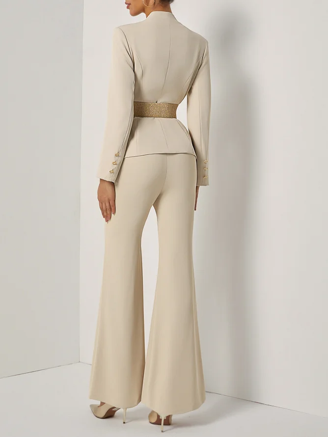 Women Apricot Applique Embroidery Deep V Neck Long Sleeve Dressy Coat With Pants Two-Piece Set