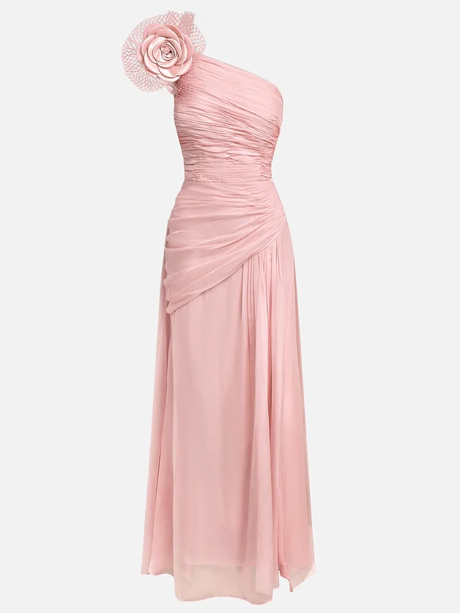 Pink Chiffon Removable 3D Floral Ruched Slit One Shoulder Sleeveless Sheath Gown Dress