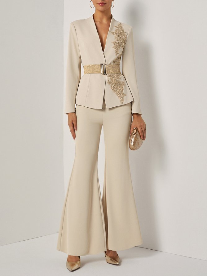 Women Apricot Applique Embroidery Deep V Neck Long Sleeve Dressy Coat With Pants Two-Piece Set