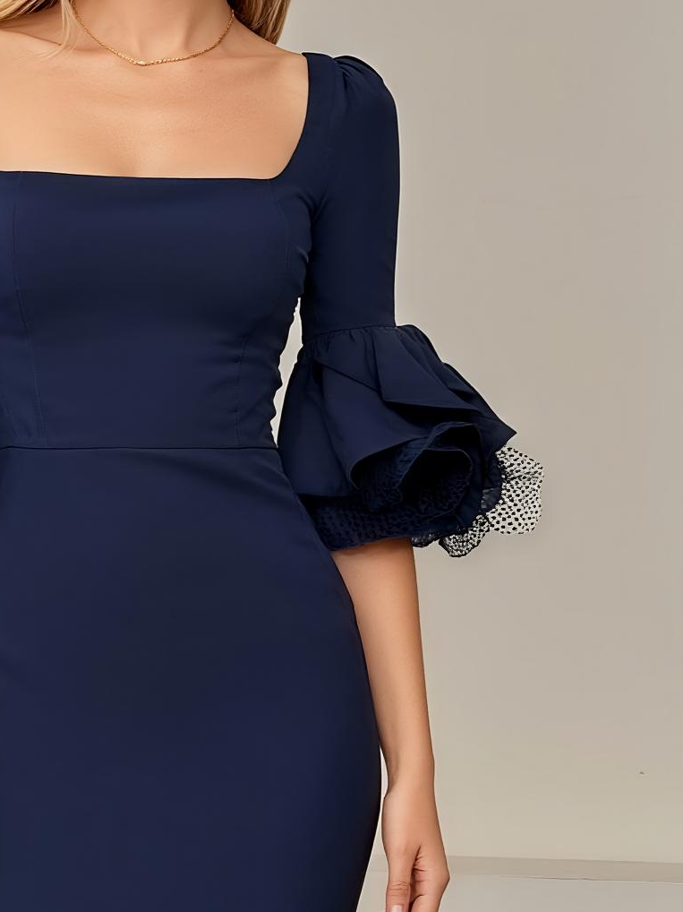 Navy Blue Mesh Classic Square Neck Half Sleeve Bell Sleeve Sheath Midi Dress