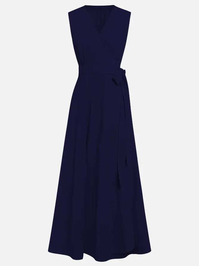 Purplish Blue Bow Lyocell Linen Wrap V Neck Sleeveless A-Line Maxi Dress