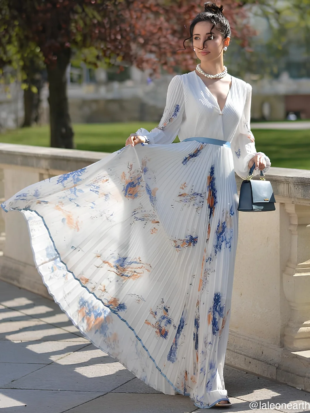 White Pleated Floral Chiffon V Neck Long Sleeve Balloon Sleeve A-Line Maxi Dress