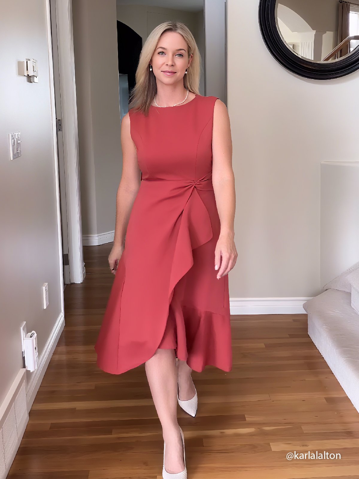 Red Asymmetric Ruffled Classic Boat Neck Sleeveless Midi Elegant A-line Dress with Waist Twist for Day-to-Night