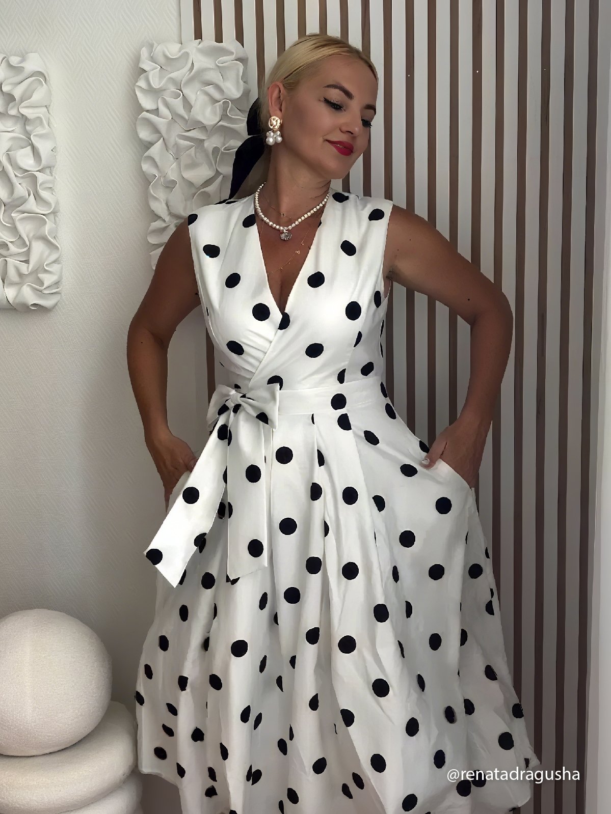 White Polka Dots V Neck Sleeveless A-Line Midi Dress