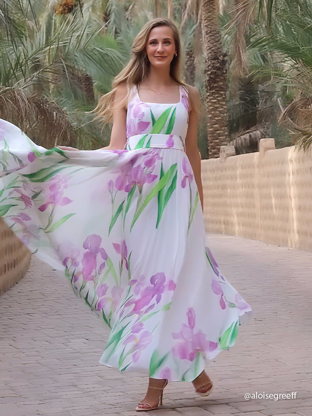 White Pleated Floral Chiffon Square Neck Sleeveless A-Line Maxi Dress