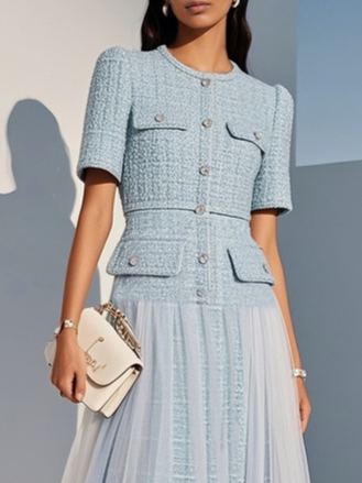 Light Blue Braided Strap Mesh Tweed Crew Neck Short Sleeve A-Line Midi Dress