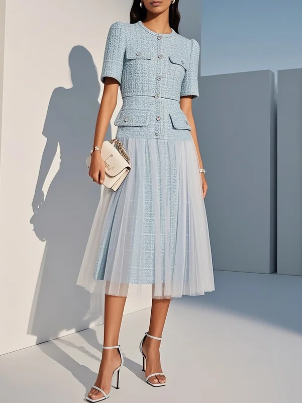 Light Blue Braided Strap Mesh Tweed Crew Neck Short Sleeve A-Line Midi Dress