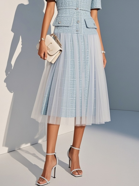 Light Blue Braided Strap Mesh Tweed Crew Neck Short Sleeve A-Line Midi Dress