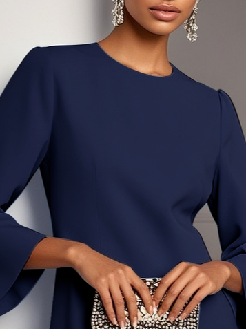 Purplish blue 3D Floral Classic Crew Neck Bell Long Sleeve Shift Mini Dress