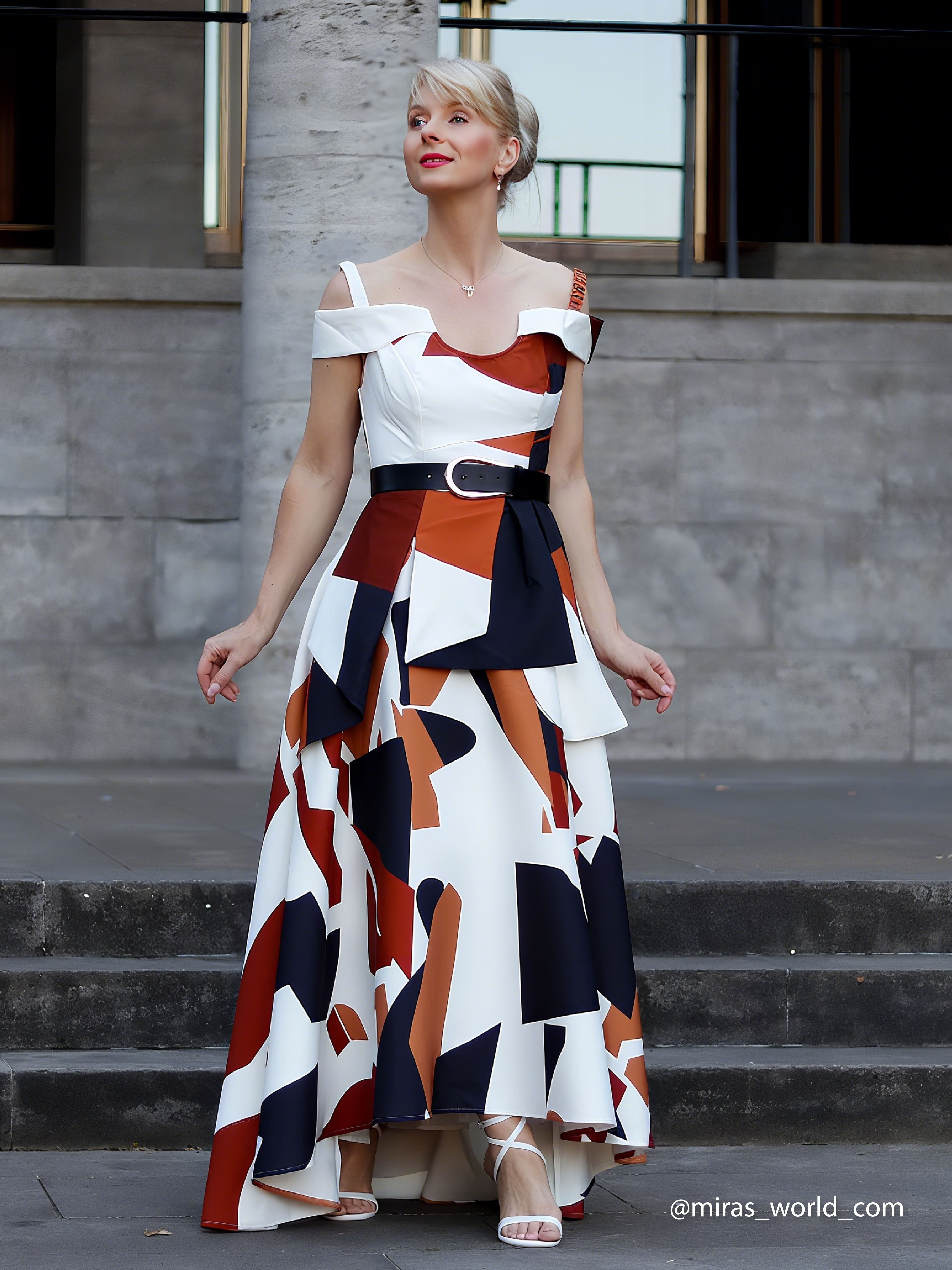 White Brown Color Block Off The Shoulder A-Line Maxi Dress