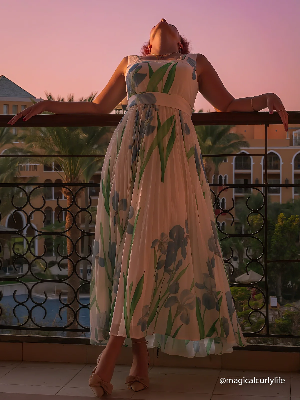 Light Blue Pleated Floral Chiffon Square Neck Sleeveless A-Line Maxi Dress