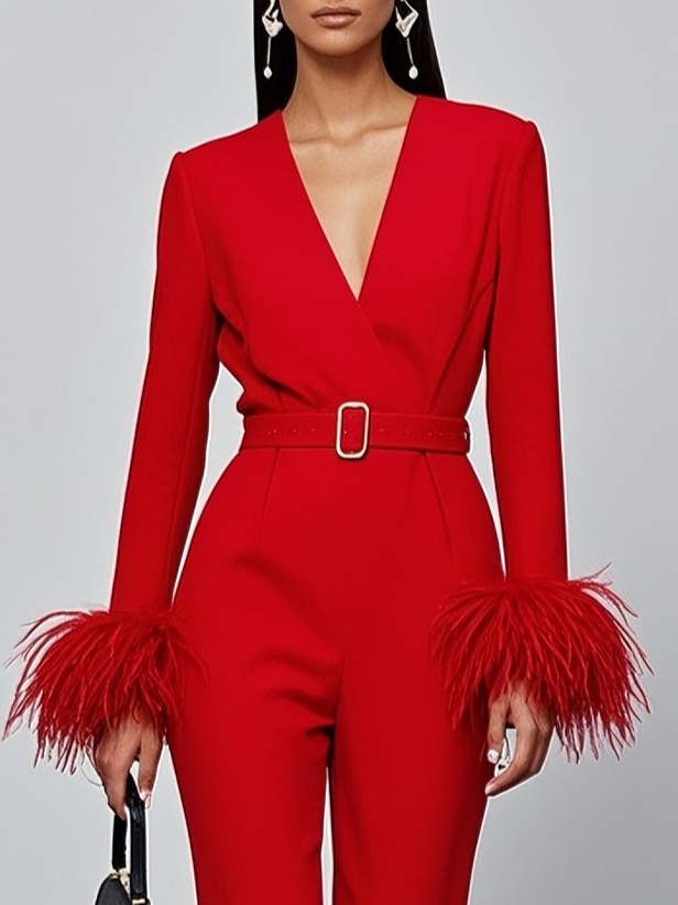 Women Red Feather-trimmed V Neck Long Sleeve Dressy Jumpsuit