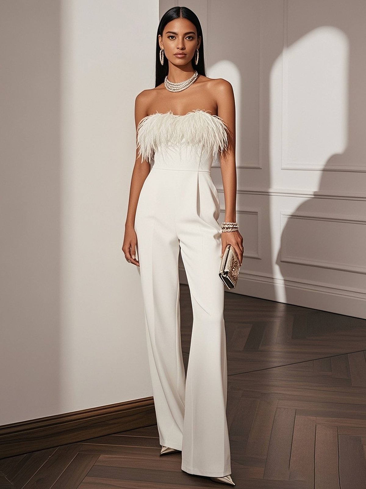 Women White Feather-trimmed Strapless Sleeveless Dressy Jumpsuit