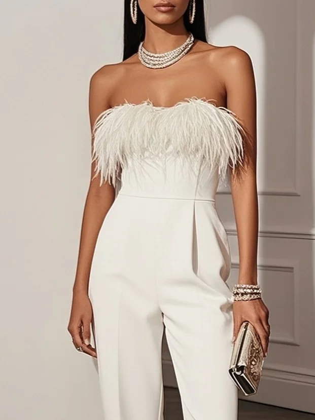 Women White Feather-trimmed Strapless Sleeveless Dressy Jumpsuit