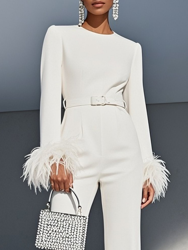 Women White Feather-trimmed Crew Neck Long Sleeve Dressy Jumpsuit