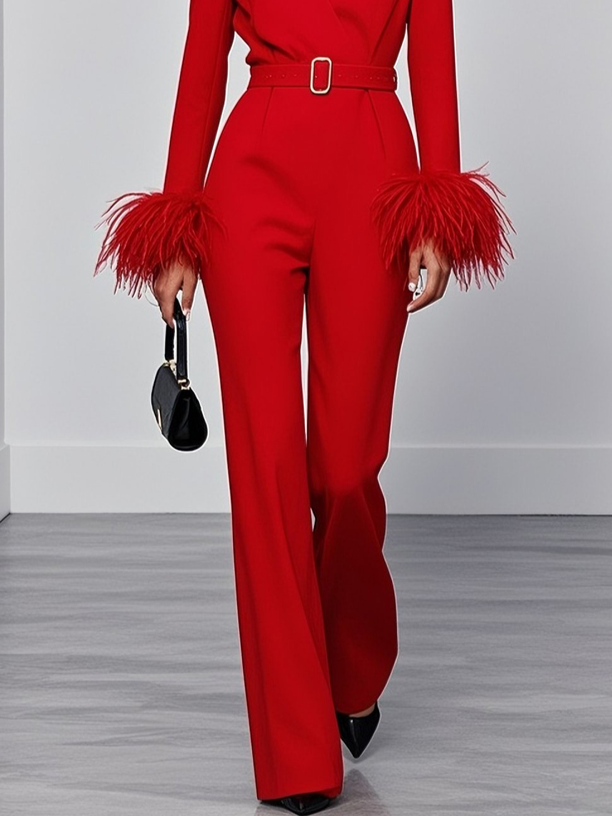 Women Red Feather-trimmed V Neck Long Sleeve Dressy Jumpsuit