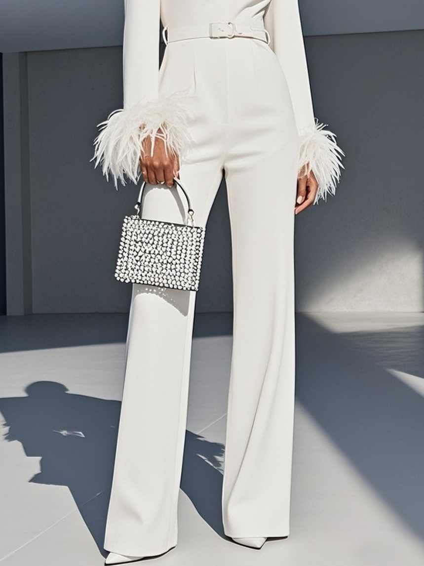 Women White Feather-trimmed Crew Neck Long Sleeve Dressy Jumpsuit