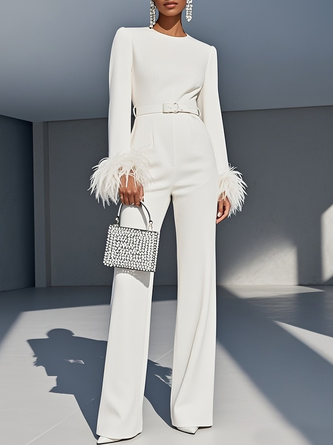 Women White Feather-trimmed Crew Neck Long Sleeve Dressy Jumpsuit