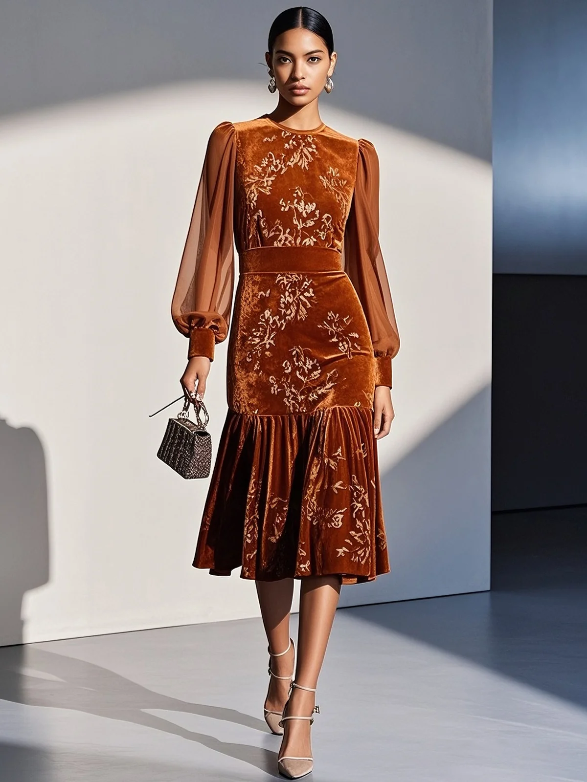 Caramel Brown Mesh Velvet Crew Neck Long Sleeve Balloon Sleeve Mermaid Midi Dress