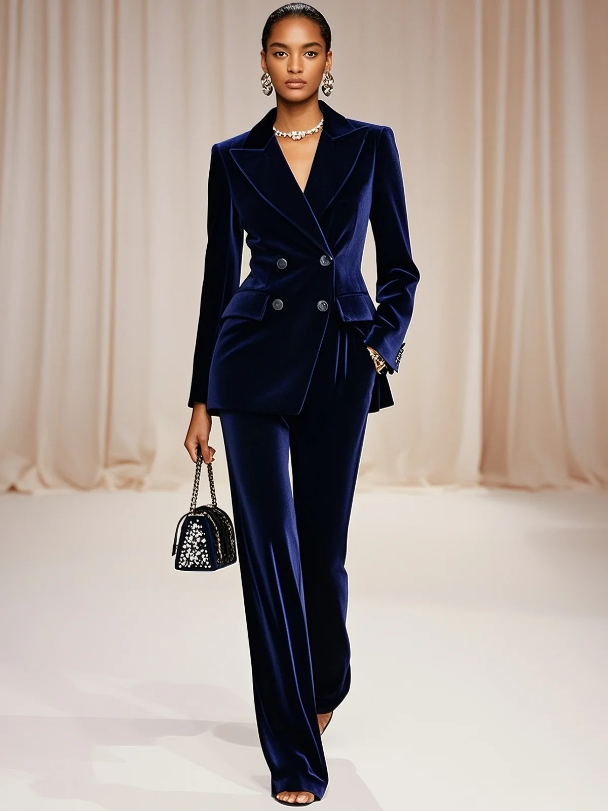 Women Navy Blue Velvet Piping Lapel Collar Long Sleeve Dressy Coat With Pants Two-Piece Set