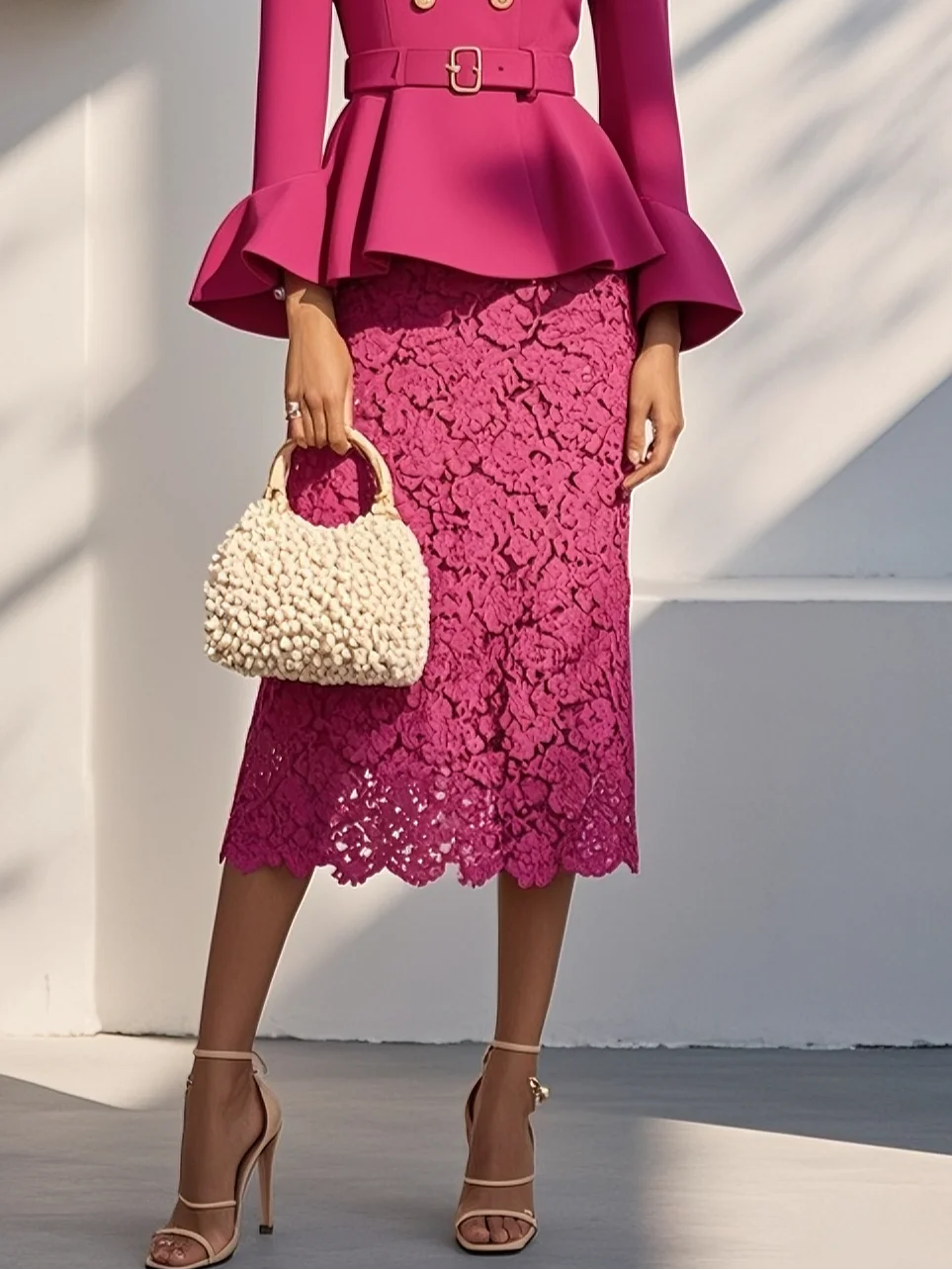 Women Rose Red Buckle Lace Crew Neck Long Sleeve Bell Sleeve Dressy Coat With Skirt Two-Piece Set