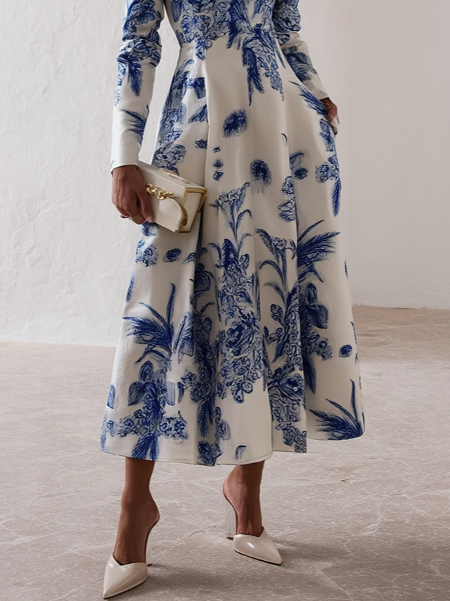 Blue Floral Classic Square Neck Long Sleeve A-Line Midi Dress
