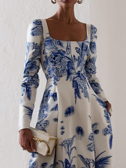 Blue Floral Classic Square Neck Long Sleeve A-Line Midi Dress