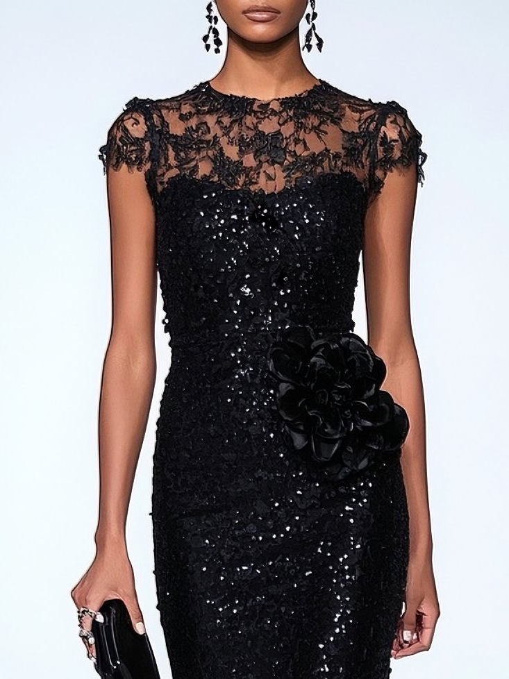 Black 3D Floral Lace Sequin Crew Neck Short Sleeve Sheath Maxi Dress