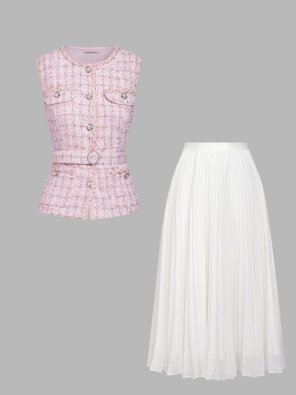 Women Pink Tweed Buckle Stitching Lace Crew Neck Sleeveless Dressy Coat With Skirt Two-Piece Set