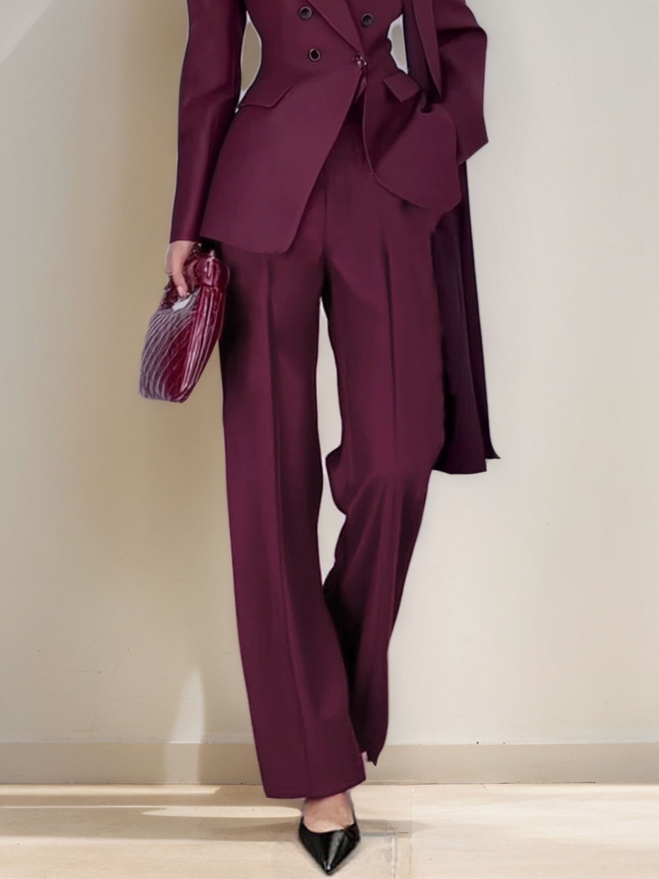 Women Wine Red Buckle Shoulder Pad Lapel Collar Long Sleeve Dressy Coat With Pants Two-Piece Set