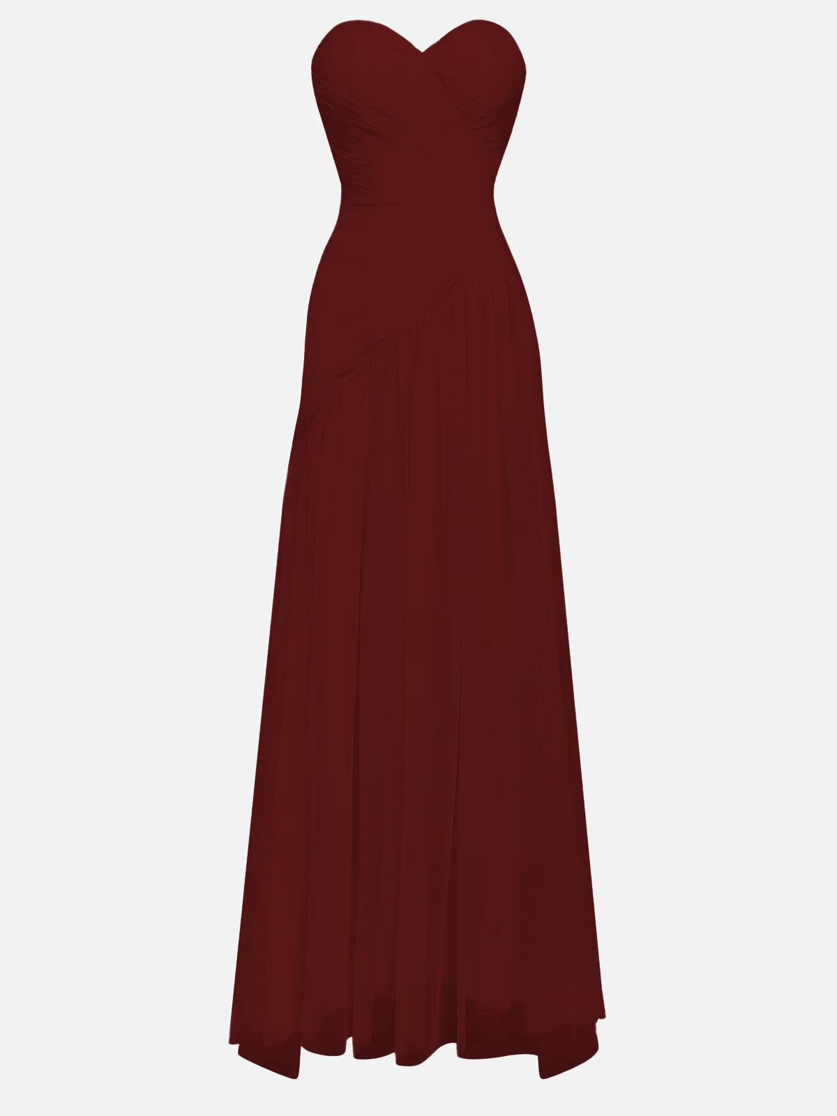Wine Red Ruched Slit Tulle Strapless Sleeveless Sheath Gown Dress