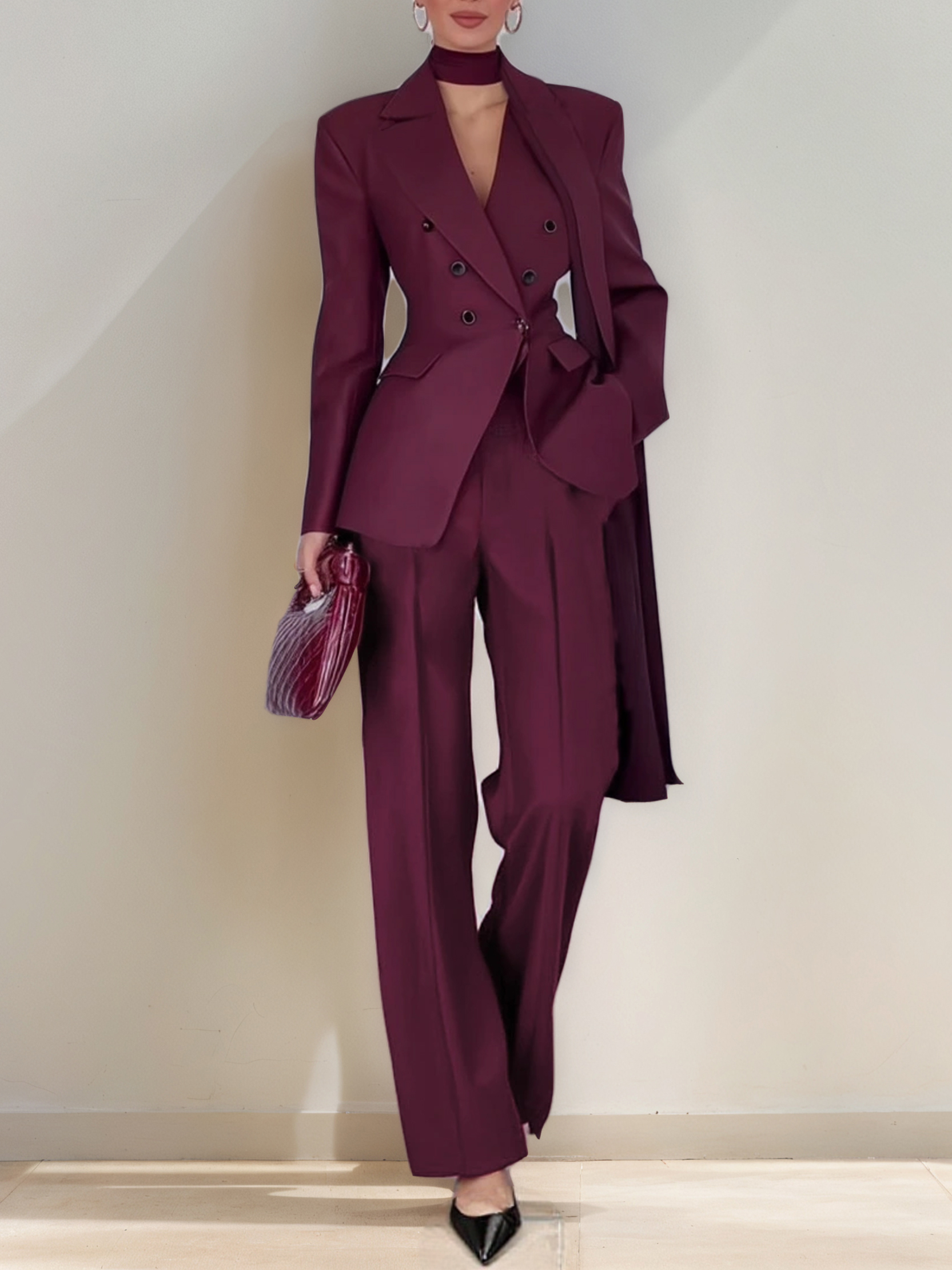 Women Wine Red Buckle Shoulder Pad Lapel Collar Long Sleeve Dressy Coat With Pants Two-Piece Set