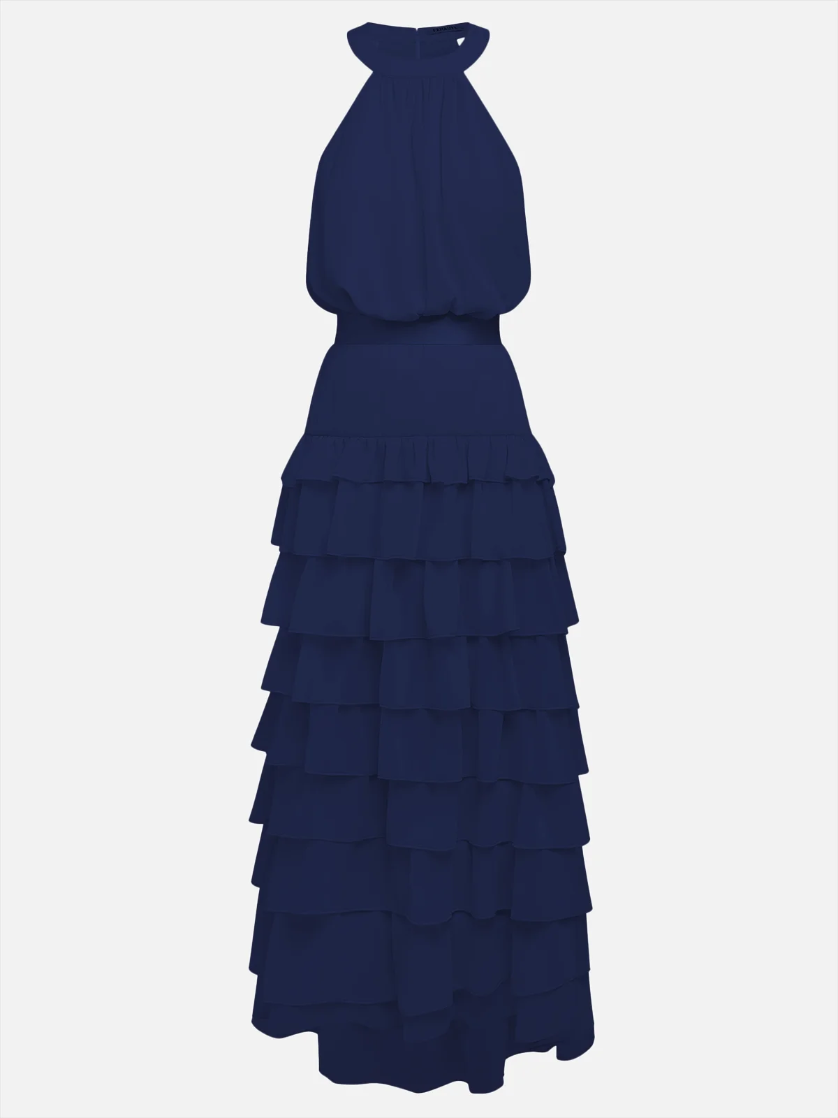 Purplish Blue Peplum Tiered Chiffon Halter Sleeveless A-Line Maxi Two-piece Dress