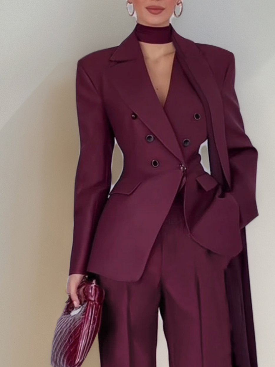 Women Wine Red Buckle Shoulder Pad Lapel Collar Long Sleeve Dressy Coat With Pants Two-Piece Set