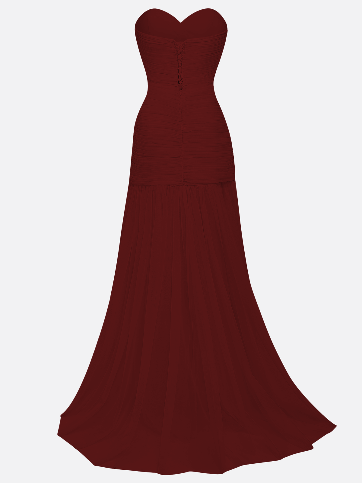Wine Red Ruched Slit Tulle Strapless Sleeveless Sheath Gown Dress