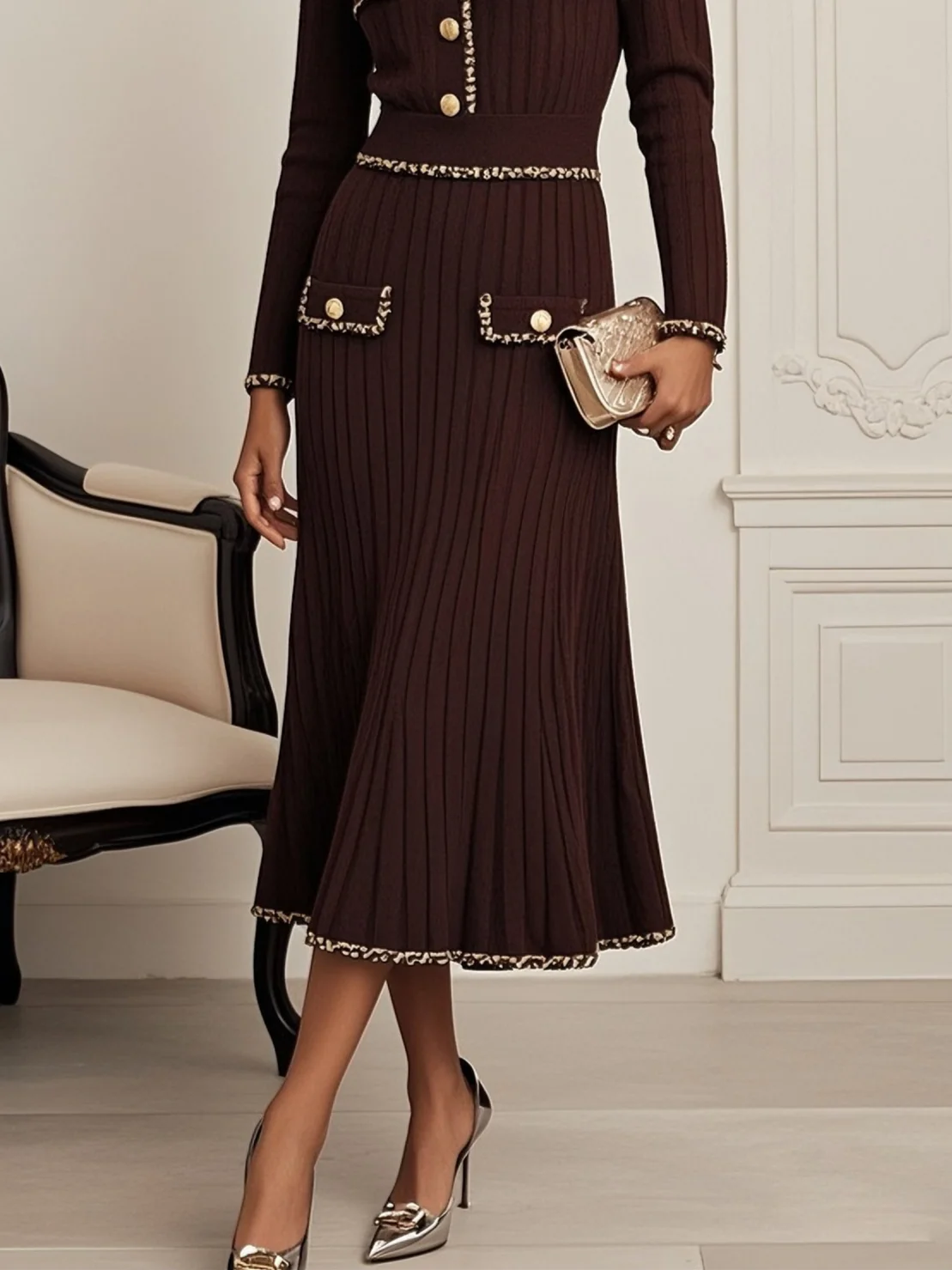 Red Brown Piping Buckle Sweater Shawl Collar Long Sleeve A-Line Midi Dress