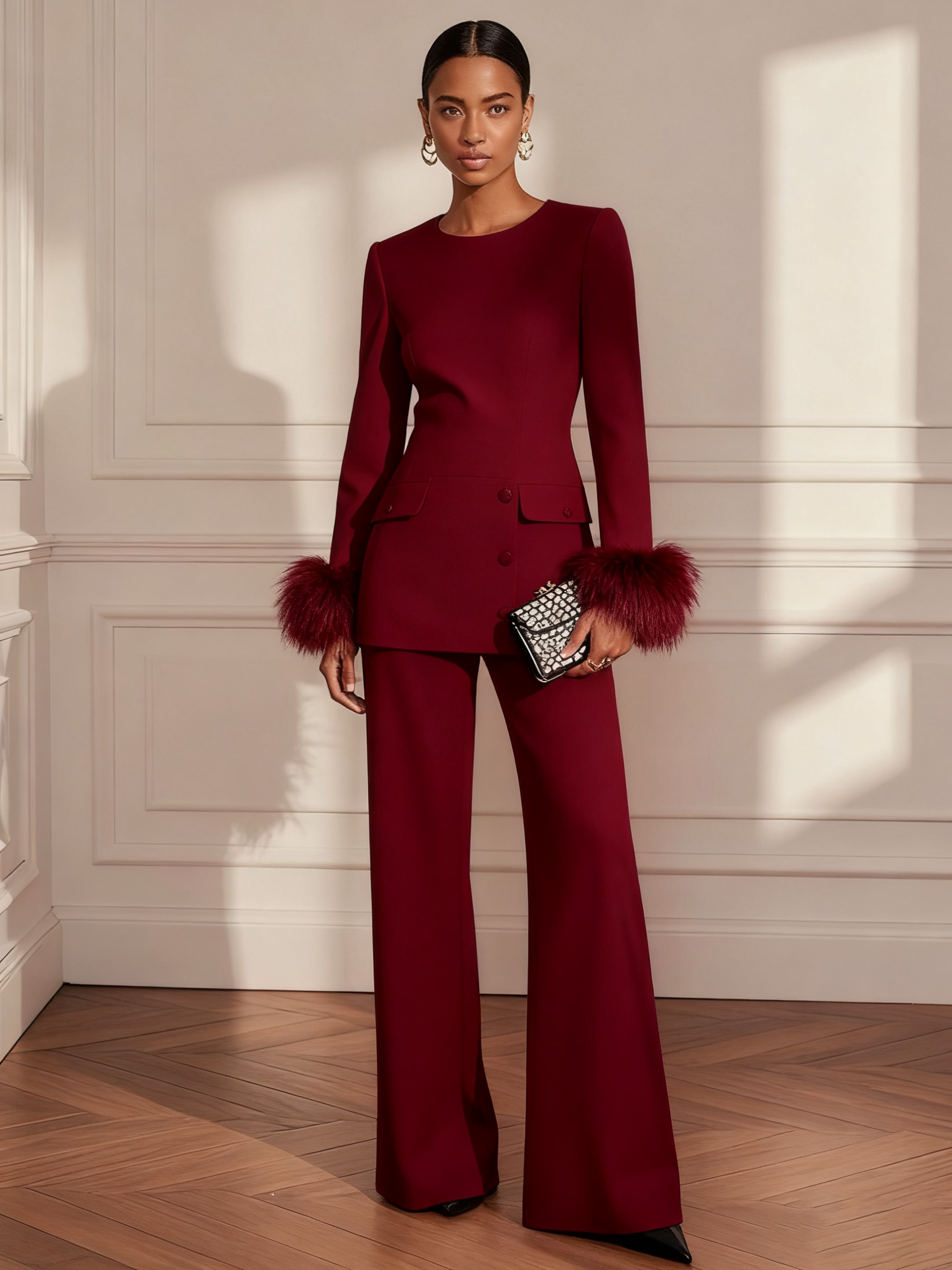 Women Burgundy Buckle Feather-trimmed Crew Neck Long Sleeve Dressy Top With Pants Two-Piece Set