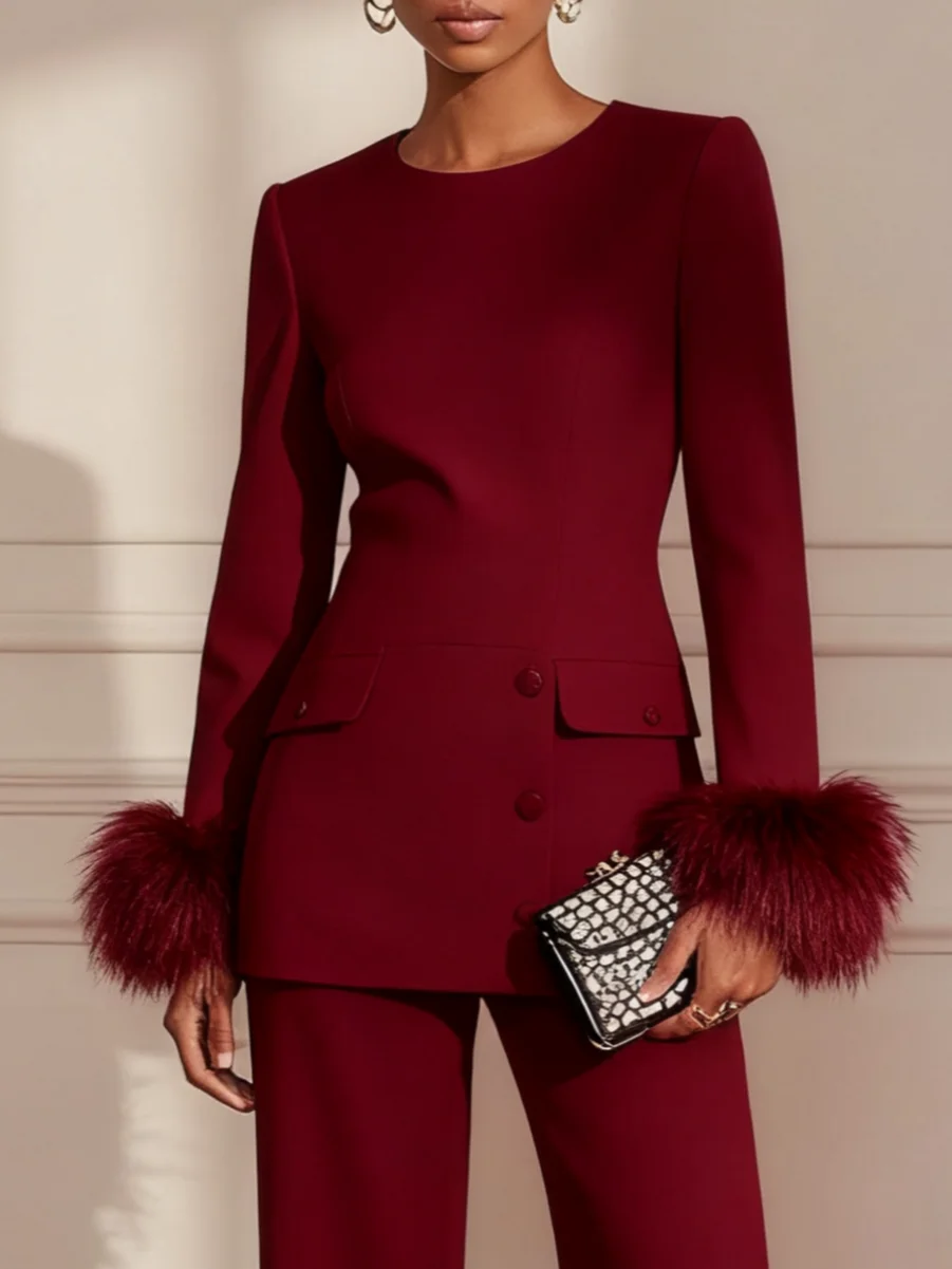 Women Burgundy Buckle Feather-trimmed Crew Neck Long Sleeve Dressy Top With Pants Two-Piece Set