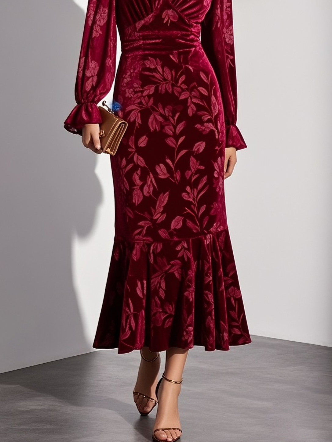 Wine Red Embossed Velvet V Neck Long Sleeve Bell Sleeve Mermaid Midi Dress