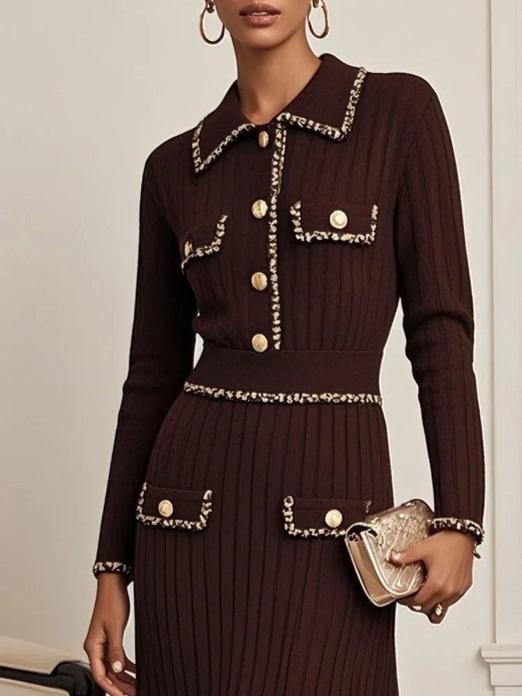 Red Brown Piping Buckle Sweater Shawl Collar Long Sleeve A-Line Midi Dress