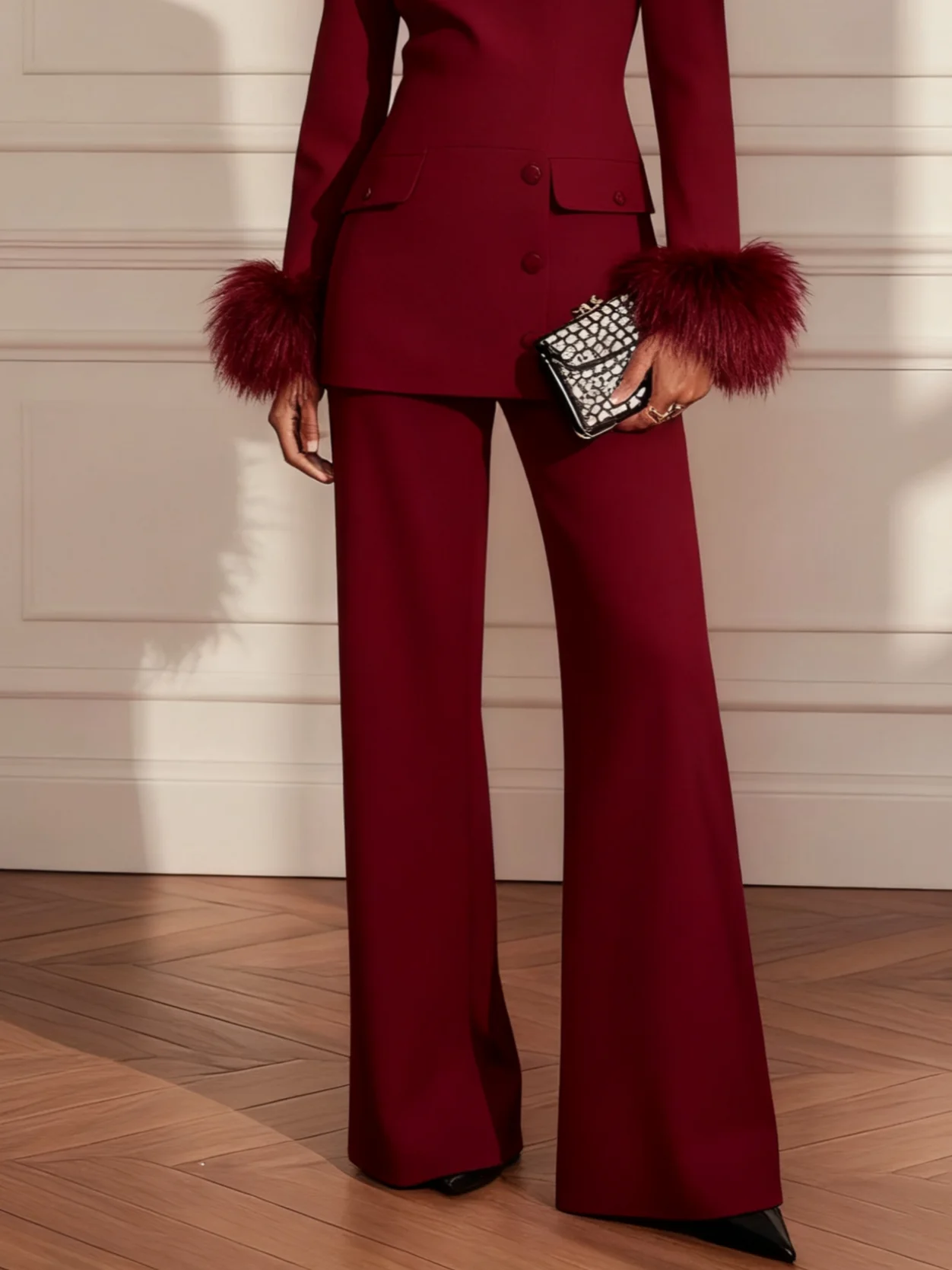 Women Burgundy Buckle Feather-trimmed Crew Neck Long Sleeve Dressy Top With Pants Two-Piece Set