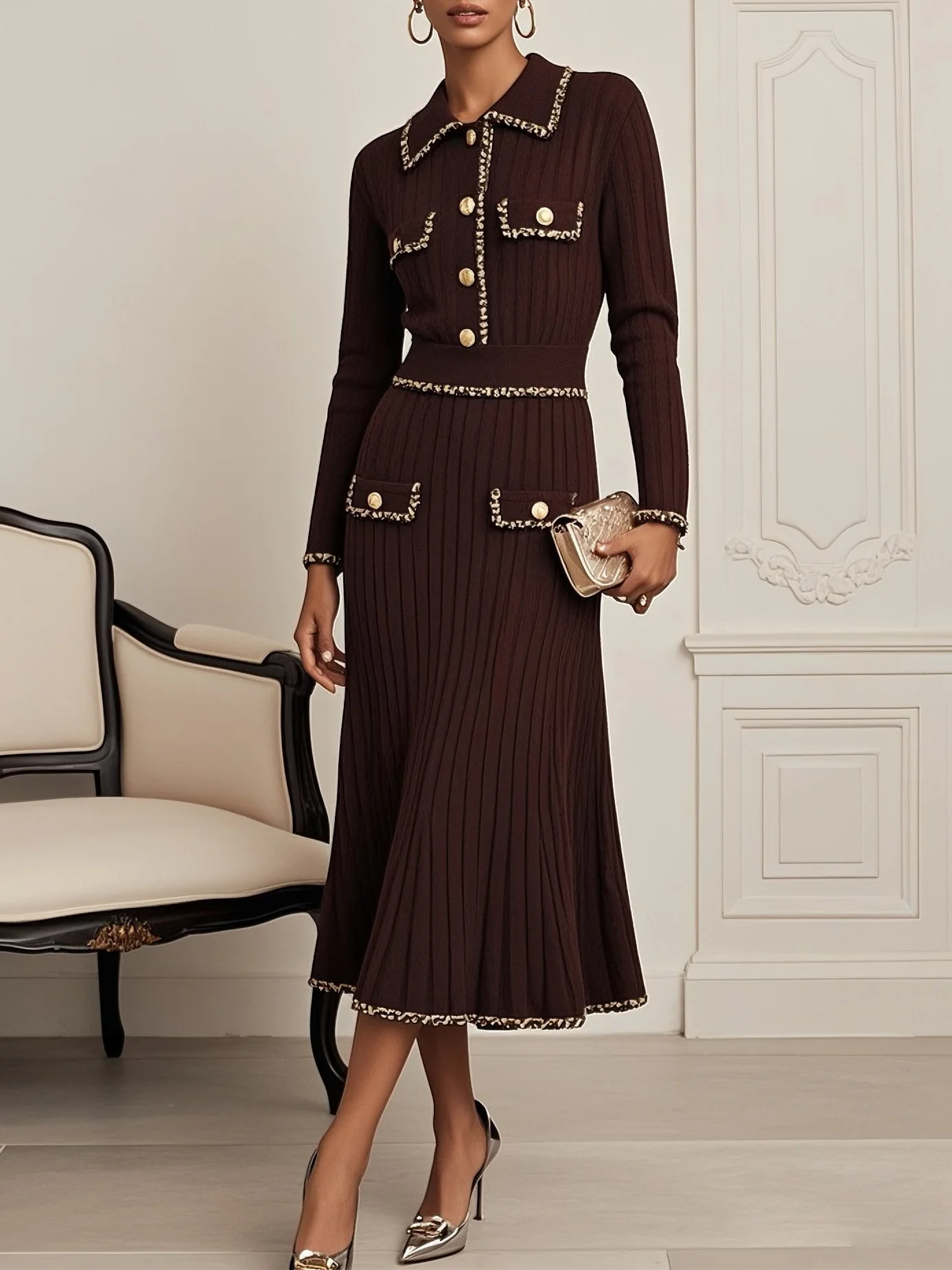 Red Brown Piping Buckle Sweater Shawl Collar Long Sleeve A-Line Midi Dress