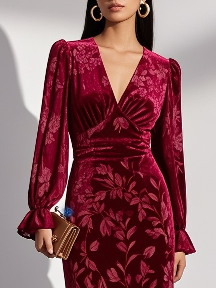 Wine Red Embossed Velvet V Neck Long Sleeve Bell Sleeve Mermaid Midi Dress