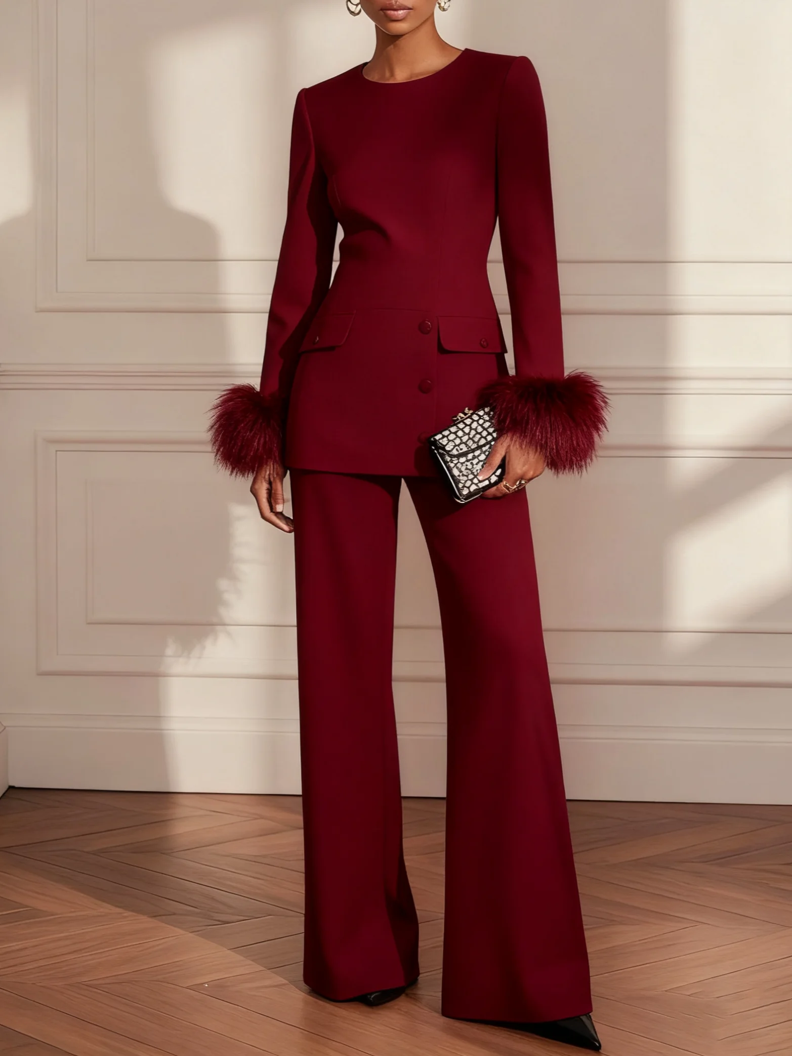 Women Burgundy Buckle Feather-trimmed Crew Neck Long Sleeve Dressy Top With Pants Two-Piece Set