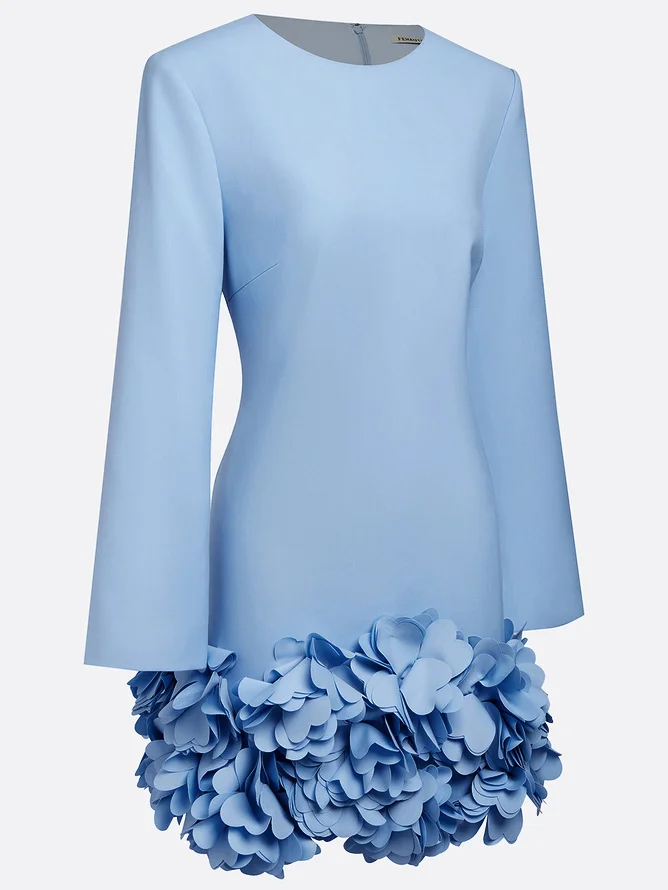 Light Blue 3D Floral Classic Crew Neck Bell Long Sleeve Shift Mini Dress