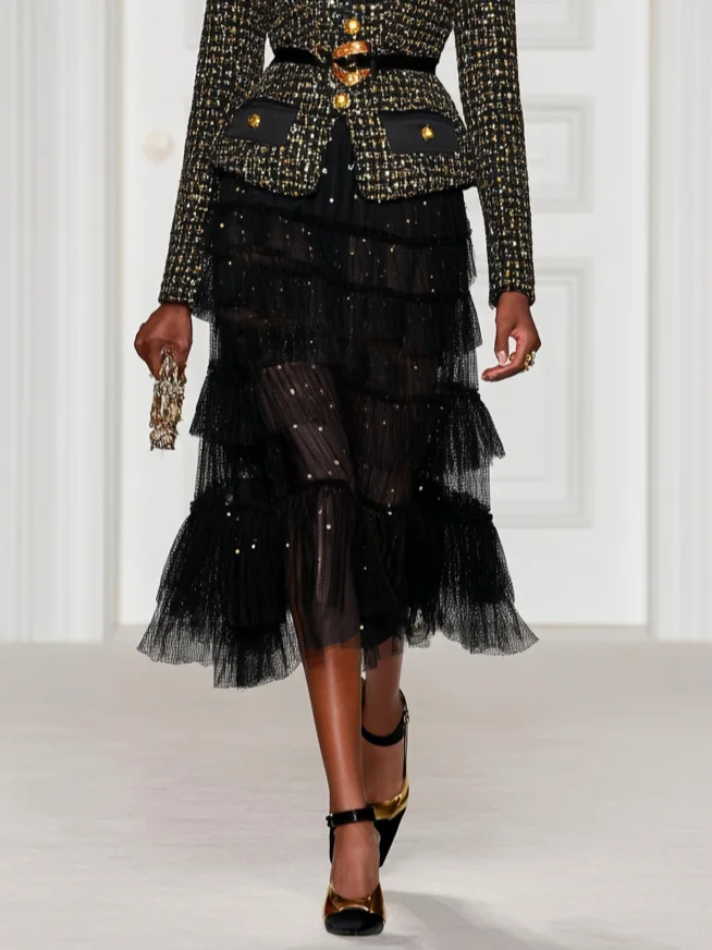 Women Black Tweed Tulle Buckle Stamped Bronzing Crew Neck Long Sleeve Dressy Coat With Skirt Two-Piece Set