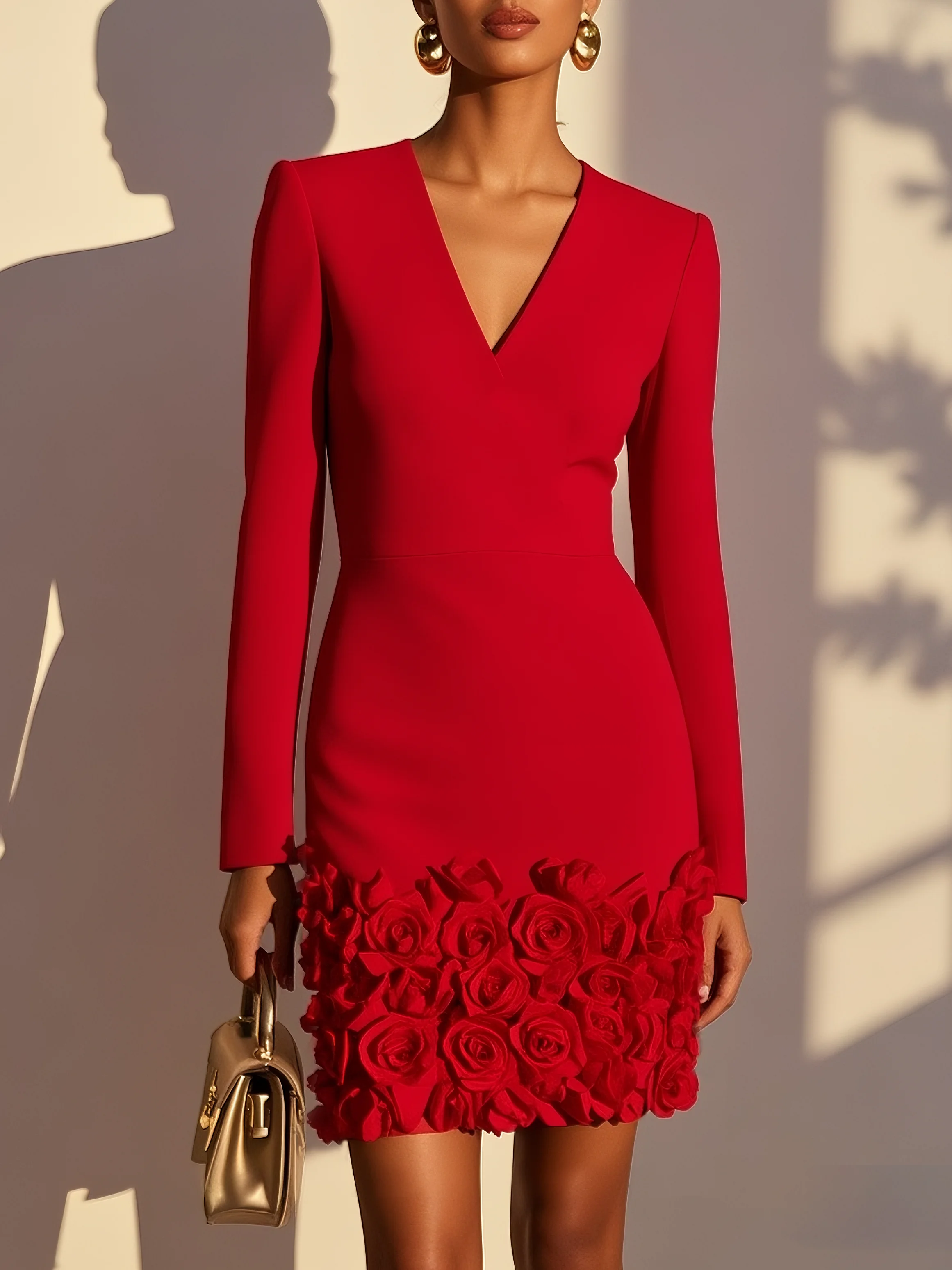Red 3D Floral Classic V Neck Long Sleeve Sheath Mini Dress