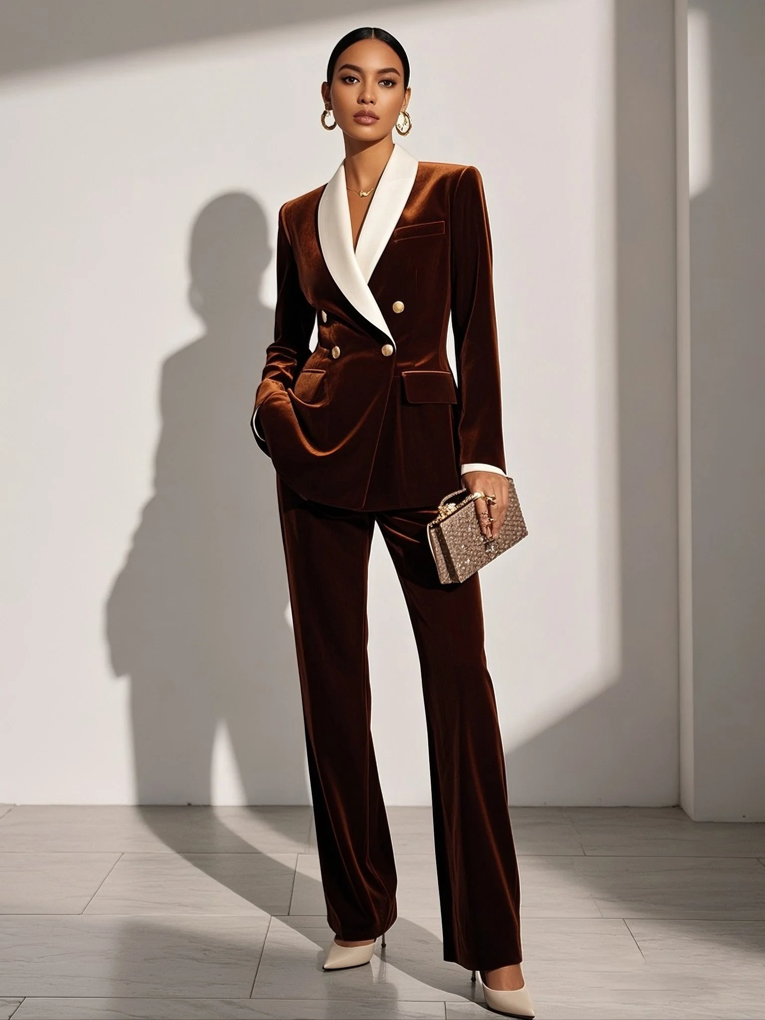 Women Brown Velvet Buckle Shawl Collar Long Sleeve Dressy Coat With Pants Two-Piece Set