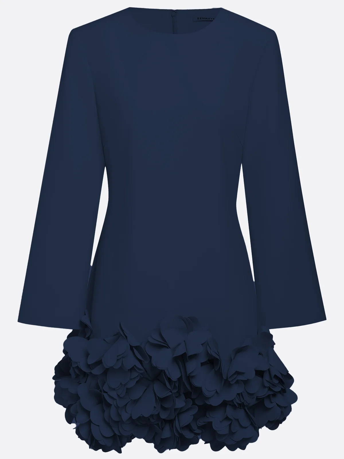 Purplish blue 3D Floral Classic Crew Neck Bell Long Sleeve Shift Mini Dress