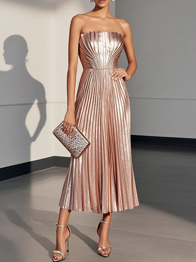Rose Gold Pleated Satin Strapless Sleeveless A-Line Midi Dress